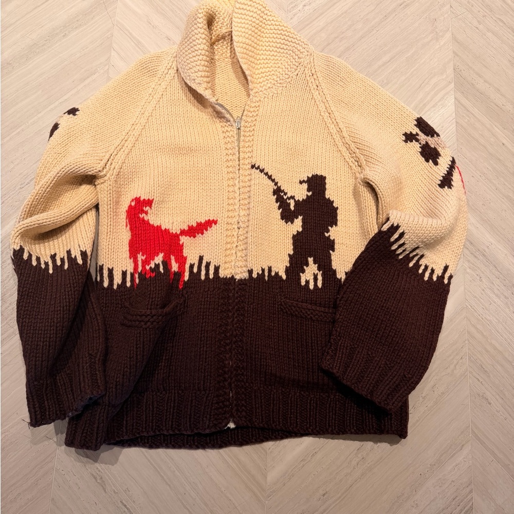 Vintage Mens Cowichan Sweater Chunky Knit Full Zip Wool Pheasant Hunting Hand...